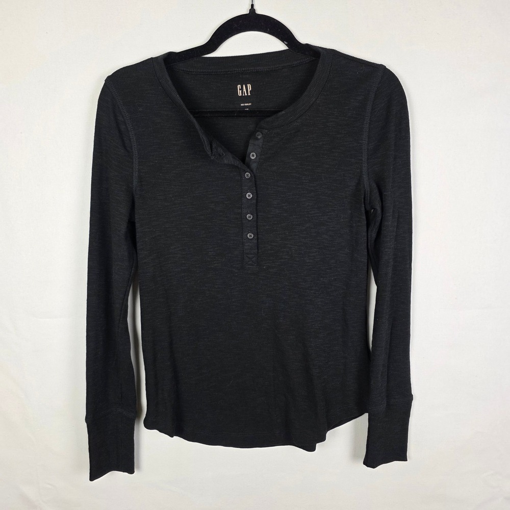 GAP Rib Henley Top Womens XS Black Long Sleeve Cotton Blend Slub Knit Shirt